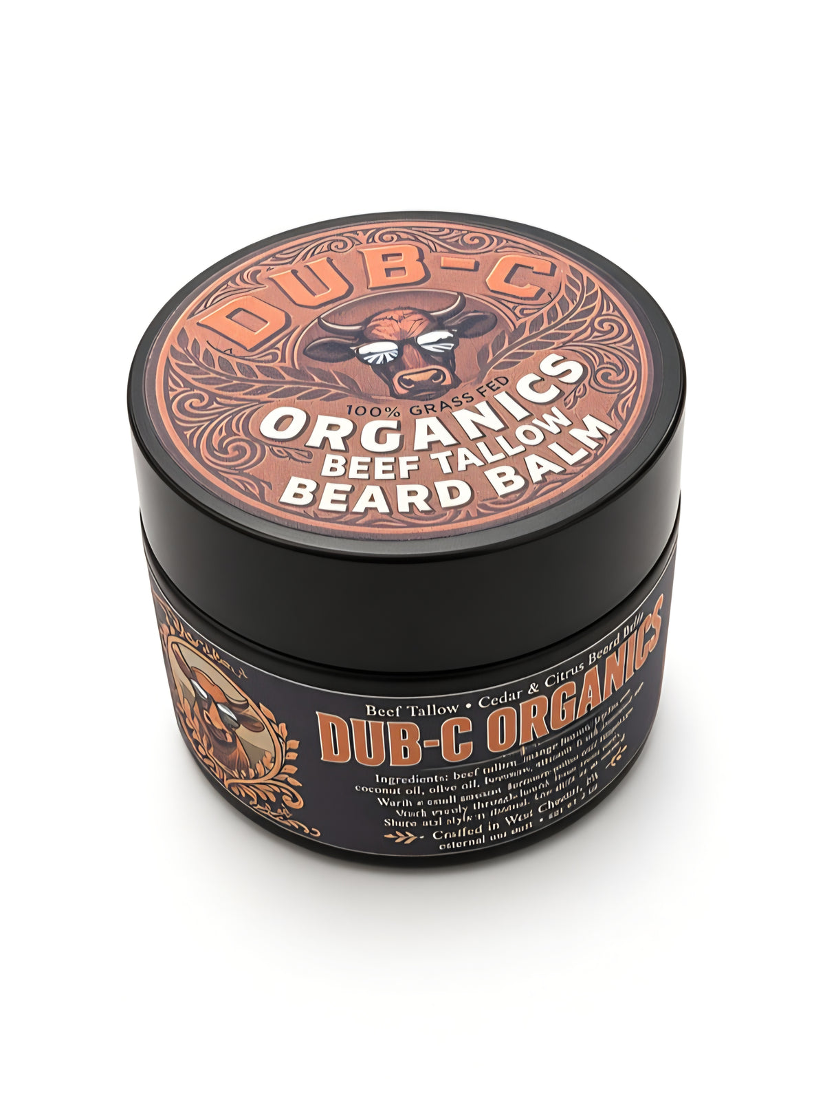 Dub-C Organics beef tallow beard balm jar viewed from above