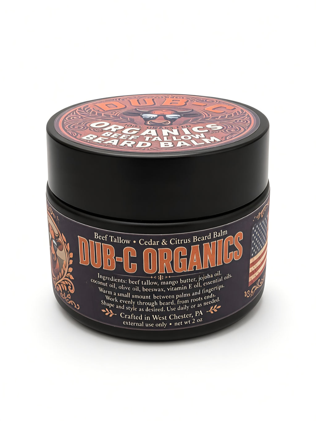 Dub-C Organics beef tallow beard balm jar, front and side view