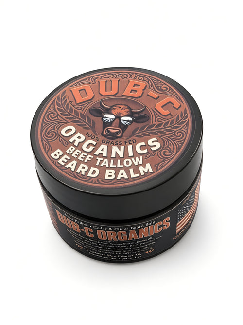 Dub-C Organics beef tallow beard balm jar, angled top view